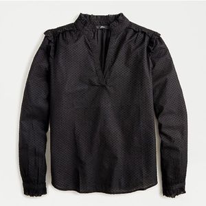 J. Crew Black Ruffle Trim Clip Dot V-Neck Popover Top| S